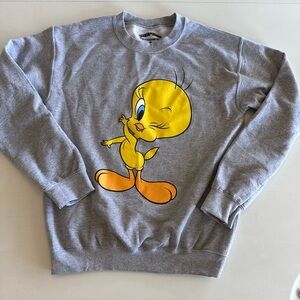 Small Tweety Bird Winking Crewneck Sweatshirt Gray Yellow Looney Tunes Adult
